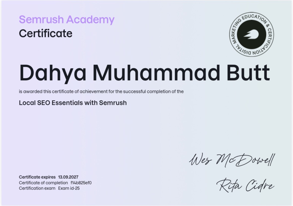 Local SEO Essentials with Semrush certificate
