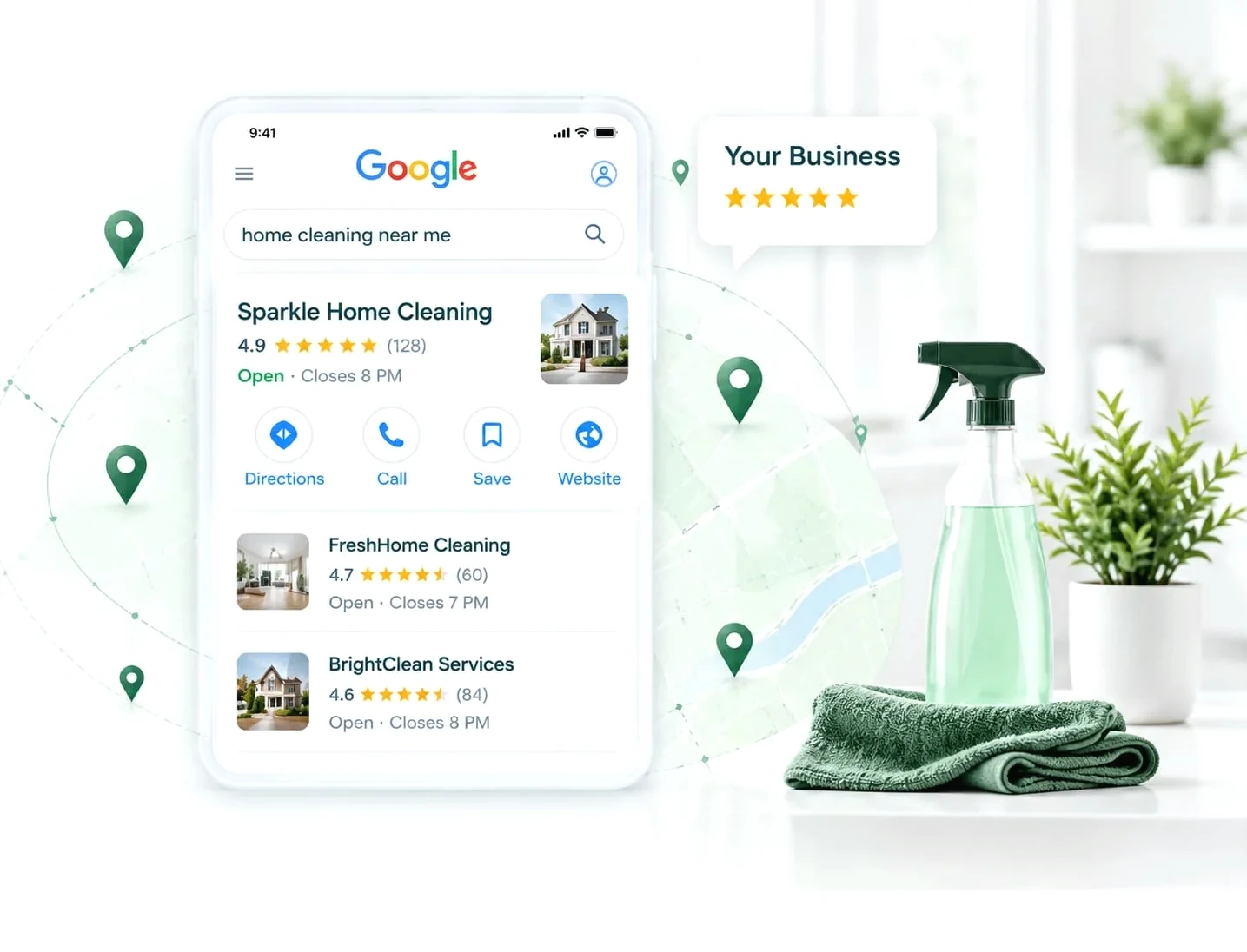Local search results and map pins helping customers find a home cleaning business