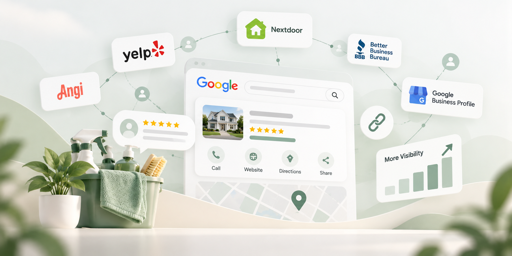 Illustration of backlinks, local business listings, and online mentions for a home cleaning business