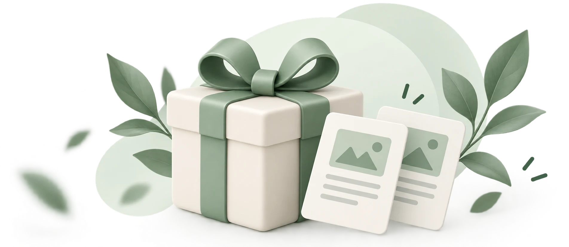 Sage-green gift box with two SEO article cards and botanical leaves
